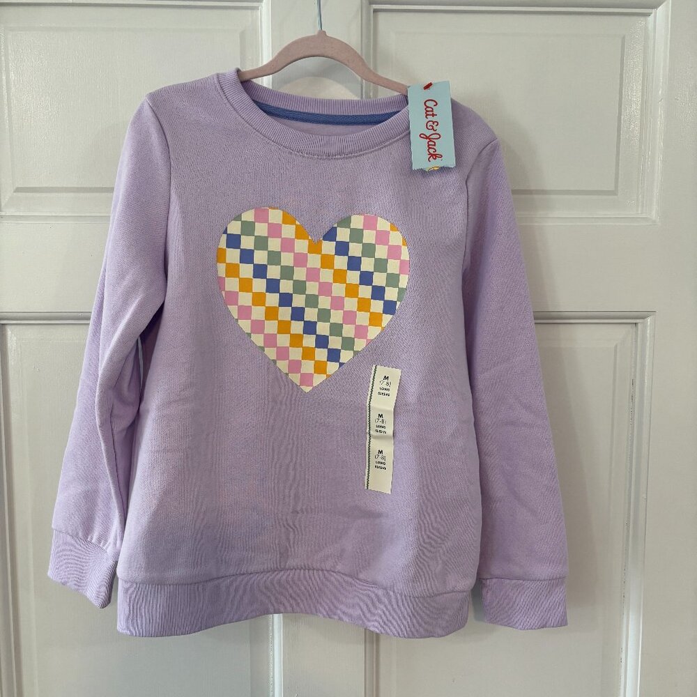 Girl's Purple Sweatshirt with Multicolor Heart on Front, Size 7/8, NWT!